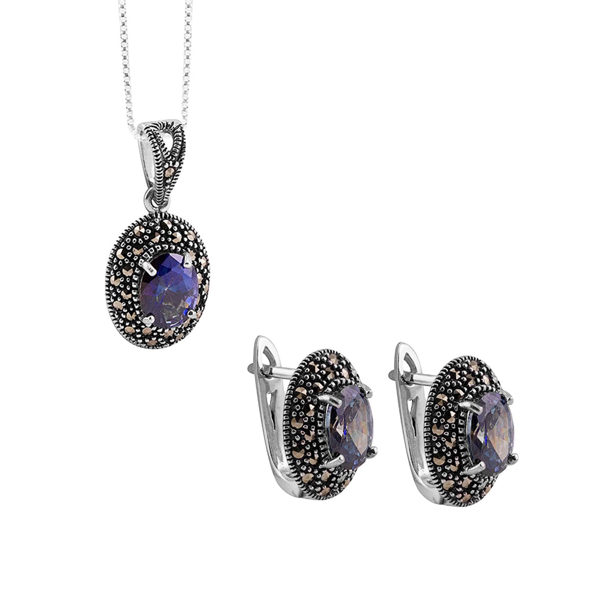 Conjunto Prata Oval com Marcassita e Pedra Montana